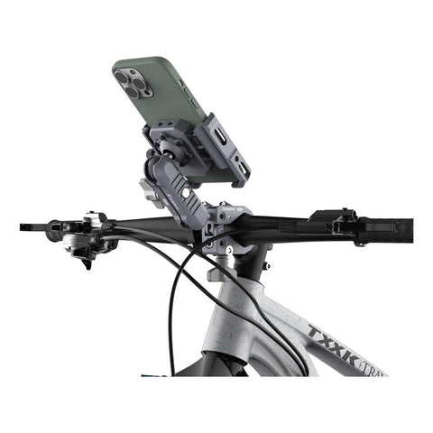 Support Smartphone Outplorer pour guidon avec design modulaire et suspension pneumatique anti-vibration, adapté pour vélo et moto, avec compatibilité étendue de 63 mm à 97 mm, protection OIS, bouton télescopique, et système antivol intégré pour une sécurité renforcée.