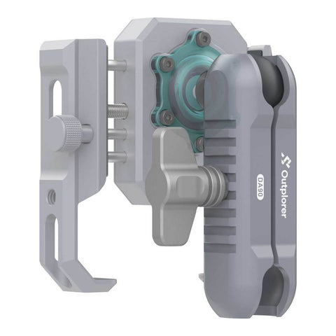 Support Smartphone Outplorer pour guidon avec design modulaire et suspension pneumatique anti-vibration, adapté pour vélo et moto, avec compatibilité étendue de 63 mm à 97 mm, protection OIS, bouton télescopique, et système antivol intégré pour une sécurité renforcée.