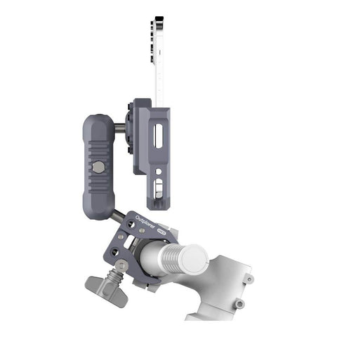 Support Smartphone Outplorer pour guidon avec design modulaire et suspension pneumatique anti-vibration, adapté pour vélo et moto, avec compatibilité étendue de 63 mm à 97 mm, protection OIS, bouton télescopique, et système antivol intégré pour une sécurité renforcée.