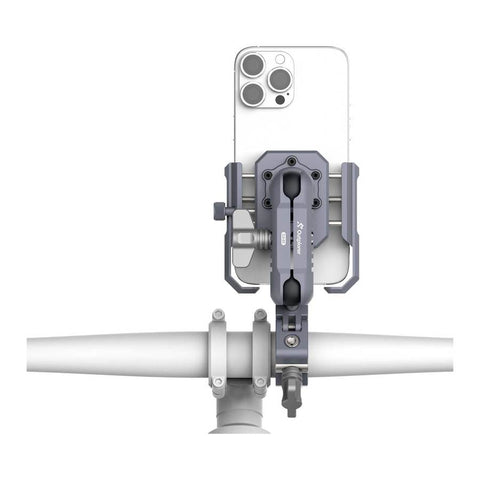 Support Smartphone Outplorer pour guidon avec design modulaire et suspension pneumatique anti-vibration, adapté pour vélo et moto, avec compatibilité étendue de 63 mm à 97 mm, protection OIS, bouton télescopique, et système antivol intégré pour une sécurité renforcée.