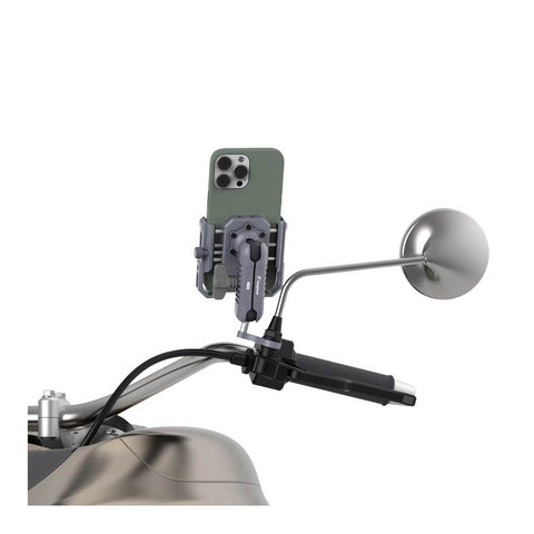 Support Smartphone Outplorer pour rétroviseur avec suspension pneumatique, conçu pour absorber efficacement les vibrations sur routes accidentées, compatible avec de nombreux modèles de téléphones et équipé d'un système antivol sécurisé.