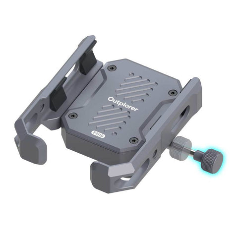 Support Smartphone Outplorer pour rétroviseur avec suspension pneumatique, conçu pour absorber efficacement les vibrations sur routes accidentées, compatible avec de nombreux modèles de téléphones et équipé d'un système antivol sécurisé.