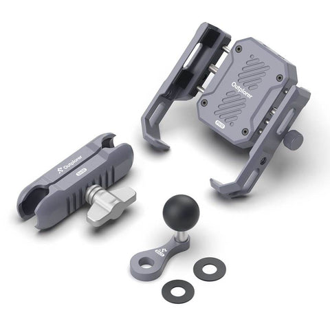 Support Smartphone Outplorer pour rétroviseur avec suspension pneumatique, conçu pour absorber efficacement les vibrations sur routes accidentées, compatible avec de nombreux modèles de téléphones et équipé d'un système antivol sécurisé.