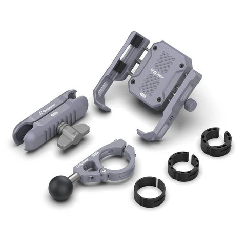 Support Smartphone Outplorer pour Guidon avec Collier de Serrage, système de suspension pneumatique pour absorption des vibrations, protection OIS idéale, support modulable pour smartphone, compatible avec téléphones de 63 à 97 mm de largeur, support antivol sécurisé, accessoires pour vélo et moto, fixation stable et rotative, couleur grise, dimensions 575 x 445 x 355 mm, poids 0.54 kg