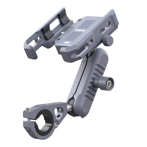 Support Smartphone Outplorer pour Guidon avec Collier de Serrage, système de suspension pneumatique pour absorption des vibrations, protection OIS idéale, support modulable pour smartphone, compatible avec téléphones de 63 à 97 mm de largeur, support antivol sécurisé, accessoires pour vélo et moto, fixation stable et rotative, couleur grise, dimensions 575 x 445 x 355 mm, poids 0.54 kg