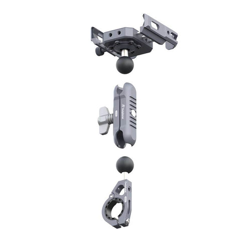 Support Smartphone Outplorer pour Guidon avec Collier de Serrage, système de suspension pneumatique pour absorption des vibrations, protection OIS idéale, support modulable pour smartphone, compatible avec téléphones de 63 à 97 mm de largeur, support antivol sécurisé, accessoires pour vélo et moto, fixation stable et rotative, couleur grise, dimensions 575 x 445 x 355 mm, poids 0.54 kg