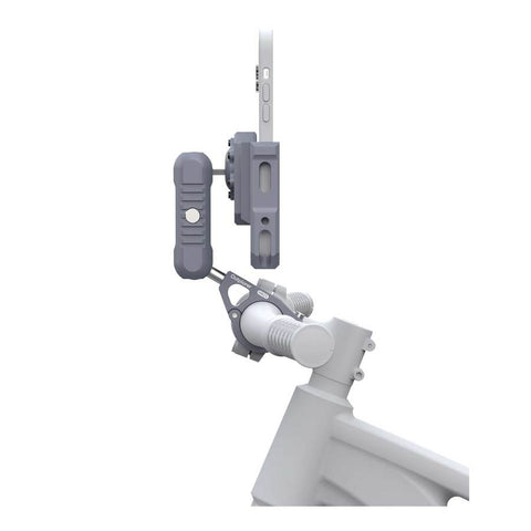 Support Smartphone Outplorer pour Guidon avec Collier de Serrage, système de suspension pneumatique pour absorption des vibrations, protection OIS idéale, support modulable pour smartphone, compatible avec téléphones de 63 à 97 mm de largeur, support antivol sécurisé, accessoires pour vélo et moto, fixation stable et rotative, couleur grise, dimensions 575 x 445 x 355 mm, poids 0.54 kg