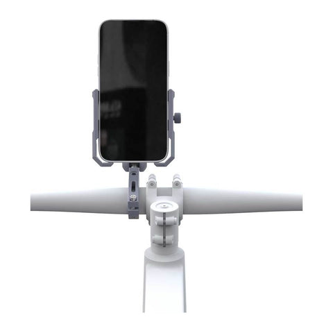 Support Smartphone Outplorer pour Guidon avec Collier de Serrage, système de suspension pneumatique pour absorption des vibrations, protection OIS idéale, support modulable pour smartphone, compatible avec téléphones de 63 à 97 mm de largeur, support antivol sécurisé, accessoires pour vélo et moto, fixation stable et rotative, couleur grise, dimensions 575 x 445 x 355 mm, poids 0.54 kg