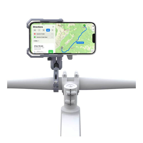 Support Smartphone Outplorer pour Guidon avec Collier de Serrage, système de suspension pneumatique pour absorption des vibrations, protection OIS idéale, support modulable pour smartphone, compatible avec téléphones de 63 à 97 mm de largeur, support antivol sécurisé, accessoires pour vélo et moto, fixation stable et rotative, couleur grise, dimensions 575 x 445 x 355 mm, poids 0.54 kg