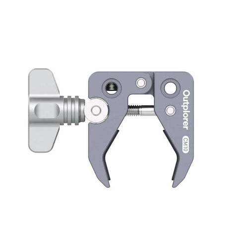 Outplorer secure clamp with 1/4 inch quick attach, ideal for mounting diverse accessories such as bikes, motorbikes, and smartphones, featuring anti-slip grip and modular, lightweight design for universal applications.