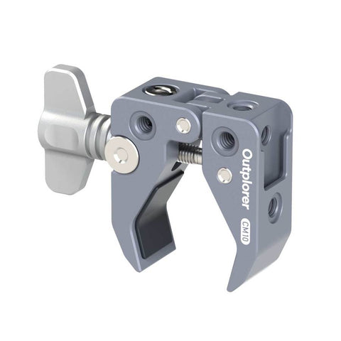 Outplorer secure clamp with 1/4 inch quick attach, ideal for mounting diverse accessories such as bikes, motorbikes, and smartphones, featuring anti-slip grip and modular, lightweight design for universal applications.