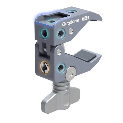 Outplorer secure clamp with 1/4 inch quick attach, ideal for mounting diverse accessories such as bikes, motorbikes, and smartphones, featuring anti-slip grip and modular, lightweight design for universal applications.