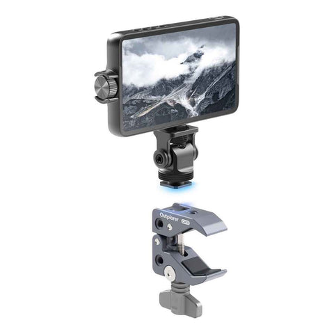 Outplorer secure clamp with 1/4 inch quick attach, ideal for mounting diverse accessories such as bikes, motorbikes, and smartphones, featuring anti-slip grip and modular, lightweight design for universal applications.