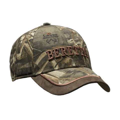 Casquette Beretta Camo en coton avec motif camouflage, réglable, détails en cuir, logo brodé, vue de face, idéal pour les activités de plein air et le style décontracté
