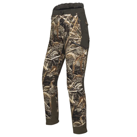 Pantalon de chasse pour femme Tri-Active EVO Beretta en motif Camo Max5, imperméable et respirant avec fermeture YKK et inserts élastiques pour une liberté de mouvement maximale, idéal pour les environnements de chasse en pleine nature.