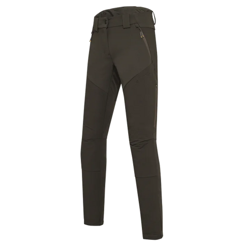 Pantalon de chasse pour femme Beretta 4 Way Stretch conçu pour l'outdoor avec élasticité et résistance, équipé d'inserts anti-abrasion, ventilation zippée, soutien lombaire élevé et coupe slim pour un confort durable dans les activités en automne et hiver.