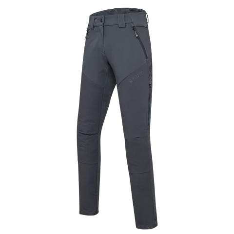 Pantalon de chasse pour femme Beretta 4 Way Stretch conçu pour l'outdoor avec élasticité et résistance, équipé d'inserts anti-abrasion, ventilation zippée, soutien lombaire élevé et coupe slim pour un confort durable dans les activités en automne et hiver.