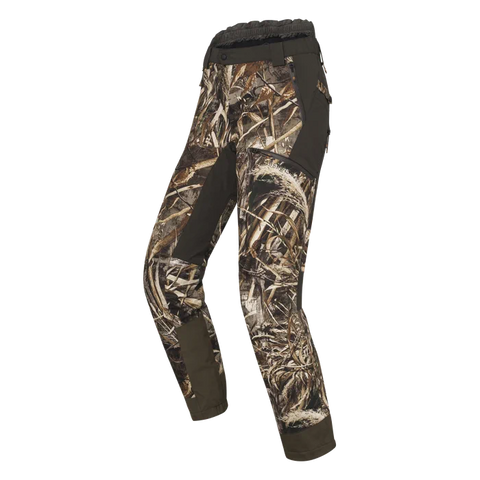 Pantalon de chasse Beretta Tri-Active EVO imperméable avec motif Camo Raltree Max5, offrant un tissu silencieux et respirant pour une grande liberté de mouvement grâce à ses inserts élastiques, idéal pour les espaces ouverts et les chasseurs exigeants.