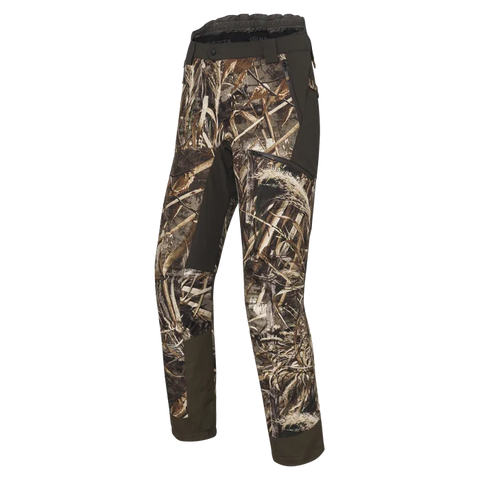 Pantalon de chasse Beretta Tri-Active EVO imperméable avec motif Camo Raltree Max5, offrant un tissu silencieux et respirant pour une grande liberté de mouvement grâce à ses inserts élastiques, idéal pour les espaces ouverts et les chasseurs exigeants.
