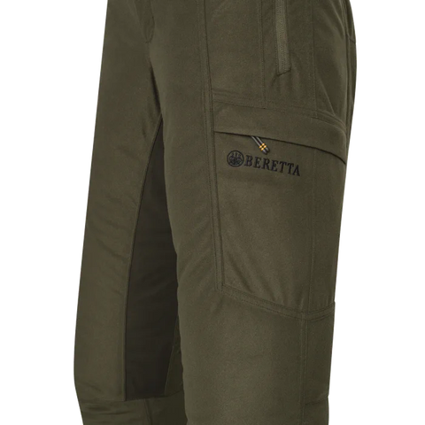 Pantalon Beretta Mull Insulated pour la chasse, imperméable et thermique avec membrane respirante, idéal pour environnements extrêmes, offrant confort et liberté de mouvement, en polyester élastique avec traitement DWR, couleur naturelle pour une chasse discrète.