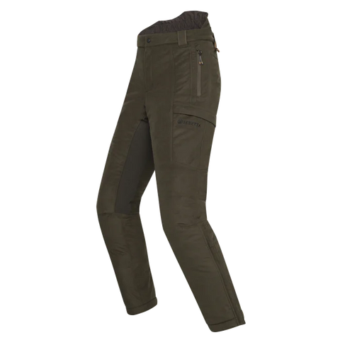 Pantalon Beretta Mull Insulated pour la chasse, imperméable et thermique avec membrane respirante, idéal pour environnements extrêmes, offrant confort et liberté de mouvement, en polyester élastique avec traitement DWR, couleur naturelle pour une chasse discrète.