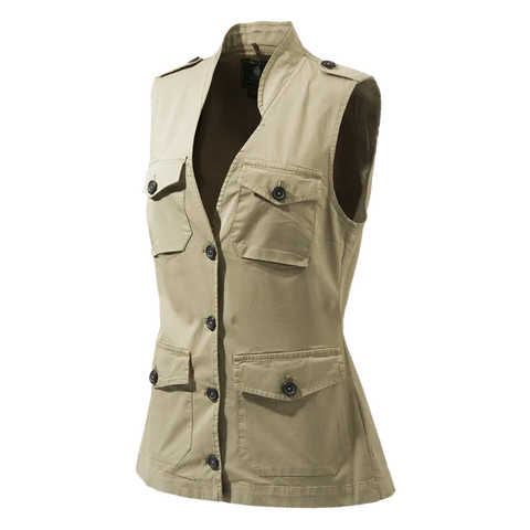 Gilet pour femme Beretta Serengeti en coton léger, idéal pour les excursions en plein air et les aventures safari, blouson élégant et pratique avec col spécialement conçu pour l'observation à la jumelle.
