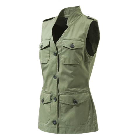 Gilet pour femme Beretta Serengeti en coton léger, idéal pour les excursions en plein air et les aventures safari, blouson élégant et pratique avec col spécialement conçu pour l'observation à la jumelle.