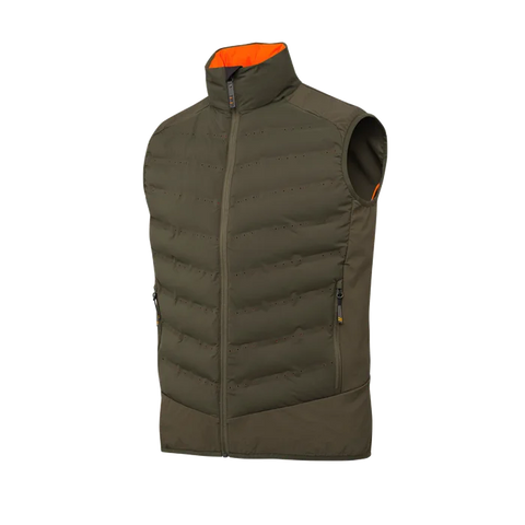 Gilet thermique pour homme Beretta Bezoar Hybrid conçu pour la chasse active, offrant respirabilité et thermorégulation grâce au rembourrage Freudenberg Comfortemp®, idéal pour températures entre 0°C et 10°C, fabriqué en nylon résistant, avec perforations laser et poches pratiques.