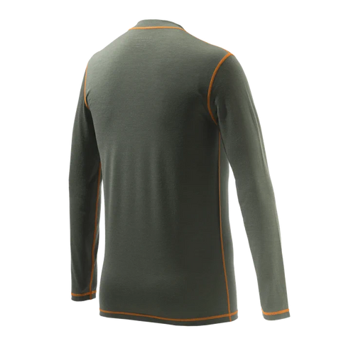 T-shirt Beretta Merino Base Layer pour homme, en laine mérinos légère avec fibres de polyamide et élasthanne, offrant confort, élasticité et régulation thermique pour les activités outdoor, idéal par temps frais avec design polyvalent et durabilité exceptionnelle.