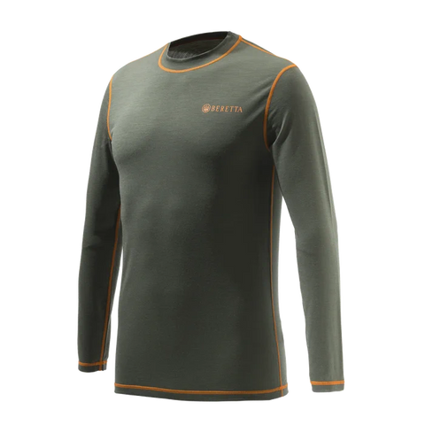 T-shirt Beretta Merino Base Layer pour homme, en laine mérinos légère avec fibres de polyamide et élasthanne, offrant confort, élasticité et régulation thermique pour les activités outdoor, idéal par temps frais avec design polyvalent et durabilité exceptionnelle.