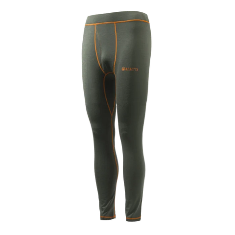 Pantalon Beretta Merino Base Layer pour homme en laine mérinos légère, idéal pour la chasse et la randonnée, offrant confort thermique, élasticité et durabilité avec coutures plates et logo Beretta, s'adaptant à toutes les morphologies et températures fraîches.