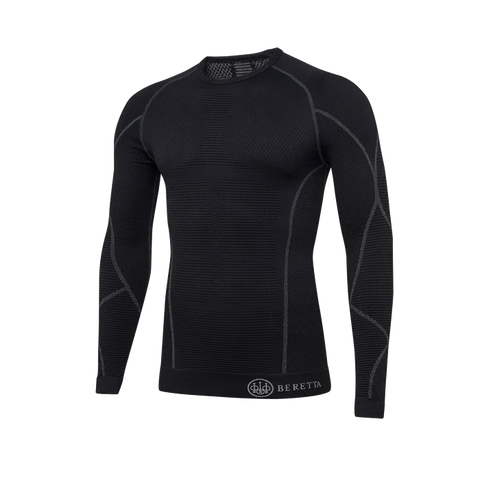 Maillot thermique unisexe Beretta HT Body Mapping 3D à manches longues, élastique, doté de zones de compression différenciée avec technologie Sensil pour le confort, idéal pour les activités en extérieur telles que la chasse, le tir et les sports de montagne, coupe slim offrant liberté de mouvement et gestion optimale de la température entre 0°C et 10°C.