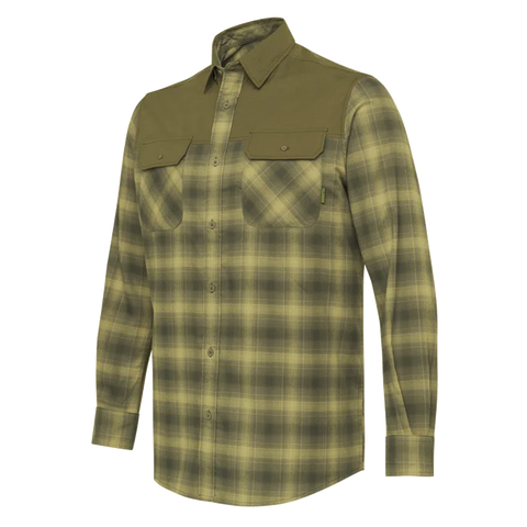 Chemise Beretta Outpost en polyester recyclé et élasthanne, idéale pour les chasseurs et les amateurs de plein air, avec renforts stratégiquement placés et poches poitrine plaquées pour un rangement pratique et une durabilité accrue lors des activités de début de saison.