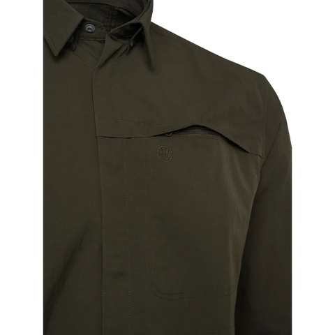 Chemise Beretta Thorn Resistant pour la chasse, offrant une résistance aux épines avec tissu polyester extensible et renforts polyamide, haute visibilité certifiée pour chasseurs, avec une respirabilité optimale et confort en mouvement