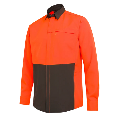 Chemise Beretta Thorn Resistant pour la chasse, offrant une résistance aux épines avec tissu polyester extensible et renforts polyamide, haute visibilité certifiée pour chasseurs, avec une respirabilité optimale et confort en mouvement