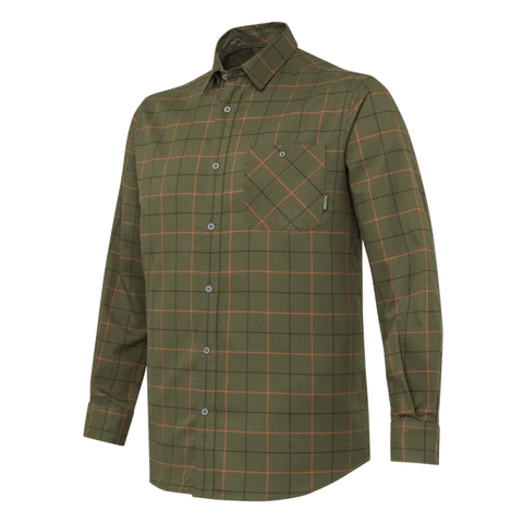 Chemise Beretta Jargo Stretch pour activités en plein air, offrant confort et flexibilité, idéale pour la chasse avec design fonctionnel, col boutonné caché, et poche poitrine, fabriquée en polyester recyclé et élasthanne, adaptée aux environnements variés comme les forêts, montagnes et milieux aquatiques.