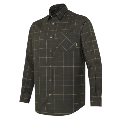 Chemise Beretta Jargo Stretch pour activités en plein air, offrant confort et flexibilité, idéale pour la chasse avec design fonctionnel, col boutonné caché, et poche poitrine, fabriquée en polyester recyclé et élasthanne, adaptée aux environnements variés comme les forêts, montagnes et milieux aquatiques.