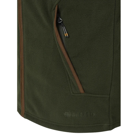 Vue détaillée du Gilet Beretta Arlington pour homme en polyester respirant, idéal pour la chasse et les activités de plein air. Gilet thermique léger avec glissière YKK, ourlets en microfibre douce, et cordon de serrage pour ajustement parfait. Convient comme couche intermédiaire pour confort et chaleur par temps froid.