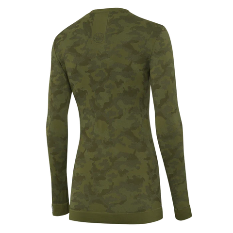 Maillot de corps pour femme Beretta LeSaut à manches longues en camouflage, conçu sans couture pour un confort et une thermorégulation parfaits lors des activités extérieures par temps froid, avec une coupe slim et un logo élégant au dos.