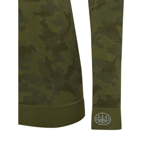 Maillot de corps pour femme Beretta LeSaut à manches longues en camouflage, conçu sans couture pour un confort et une thermorégulation parfaits lors des activités extérieures par temps froid, avec une coupe slim et un logo élégant au dos.
