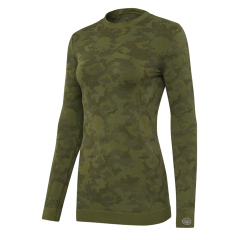 Maillot de corps pour femme Beretta LeSaut à manches longues en camouflage, conçu sans couture pour un confort et une thermorégulation parfaits lors des activités extérieures par temps froid, avec une coupe slim et un logo élégant au dos.