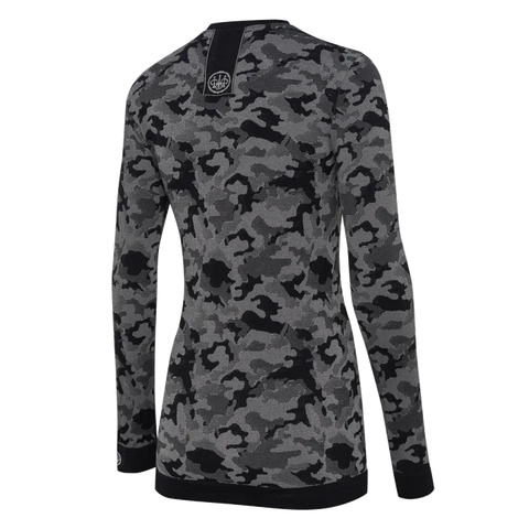 Maillot de corps pour femme Beretta LeSaut à manches longues en camouflage, conçu sans couture pour un confort et une thermorégulation parfaits lors des activités extérieures par temps froid, avec une coupe slim et un logo élégant au dos.