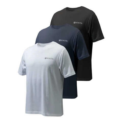 Lot de 3 t-shirts Beretta Corporate en coton léger, idéal pour les activités en plein air et la chasse, avec logo distinctif sur la poitrine, coupe regular, conviennent pour une utilisation par temps chaud ou sous une veste en toutes saisons.