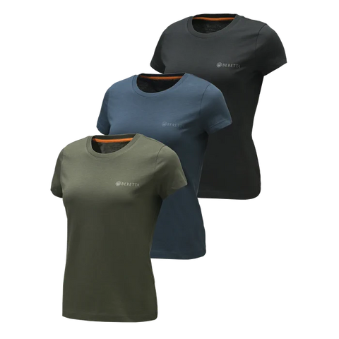 Lot de 3 t-shirts pour femme Beretta en coton 140 g/m², design coupe regular avec logo imprimé, parfait pour un style décontracté et confortable, idéal pour les activités de plein air ou la vie quotidienne.