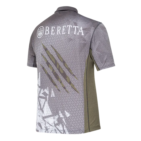 Polo Beretta Rush Scratch homme conçu pour tir dynamique, fabriqué en Polartec Delta, respirant, léger, sèche rapidement, protection UV et anti-odeurs, idéal pour activités intenses
