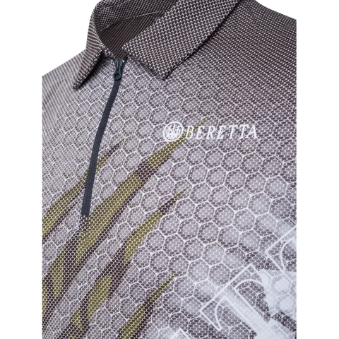 Polo Beretta Rush Scratch homme conçu pour tir dynamique, fabriqué en Polartec Delta, respirant, léger, sèche rapidement, protection UV et anti-odeurs, idéal pour activités intenses
