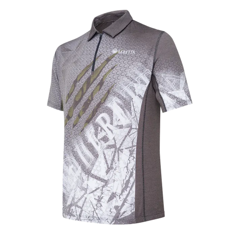 Polo Beretta Rush Scratch homme conçu pour tir dynamique, fabriqué en Polartec Delta, respirant, léger, sèche rapidement, protection UV et anti-odeurs, idéal pour activités intenses