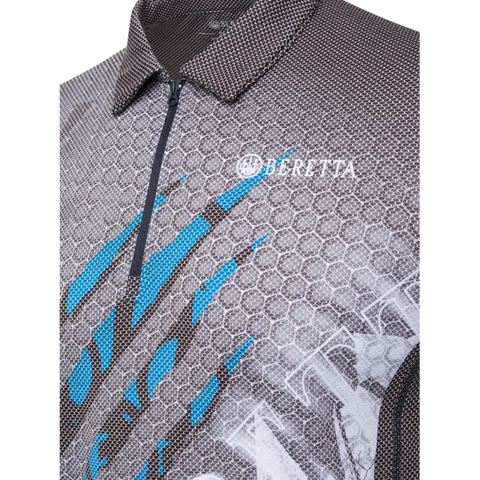 Polo Beretta Rush Scratch homme conçu pour tir dynamique, fabriqué en Polartec Delta, respirant, léger, sèche rapidement, protection UV et anti-odeurs, idéal pour activités intenses