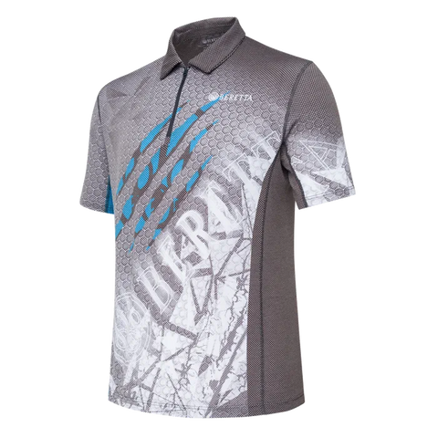 Polo Beretta Rush Scratch homme conçu pour tir dynamique, fabriqué en Polartec Delta, respirant, léger, sèche rapidement, protection UV et anti-odeurs, idéal pour activités intenses