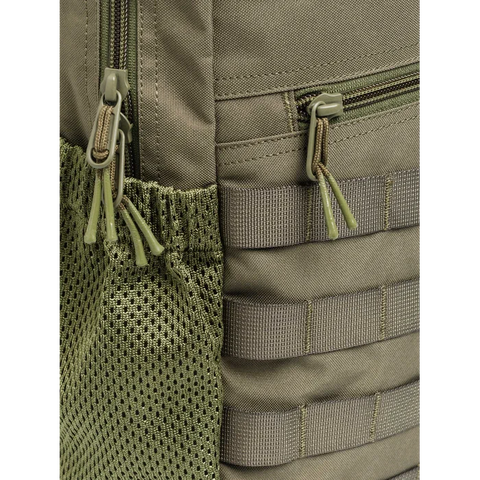 Front view of the Beretta Tactical Flank Backpack showcasing its M.O.L.L.E. system for functional gear arrangement, durable waterproof polyester material, and spacious design perfect for tactical use or daily commutes.